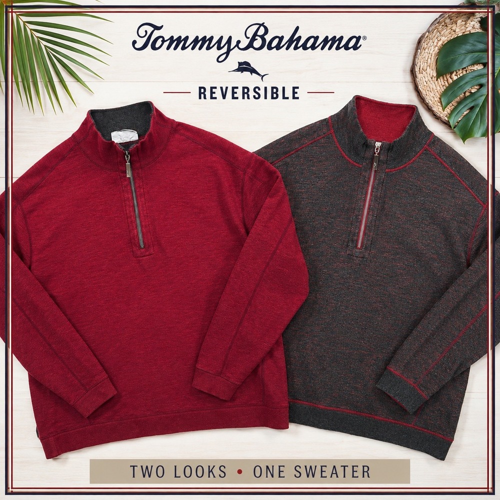 Tommy Bahama Quarter Zip Pullover Mens XXL Red Gray Reversible Sweater Coastal